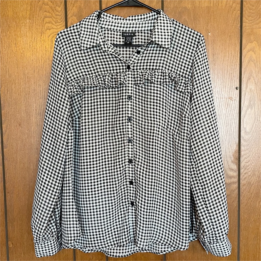Torrid Sheer Checkered Ruffle Button Down - Picture 3 of 8